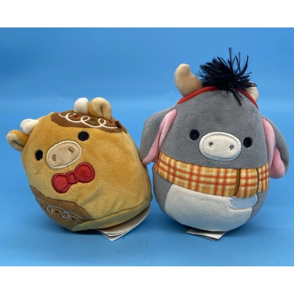 Squishmallow Donkey Jason Christmas With Antlers and Jericho the Gingerbread Cow